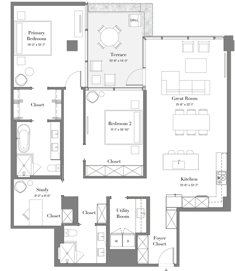 Floor plan for 2 beds, 2 baths, 1622 sqft